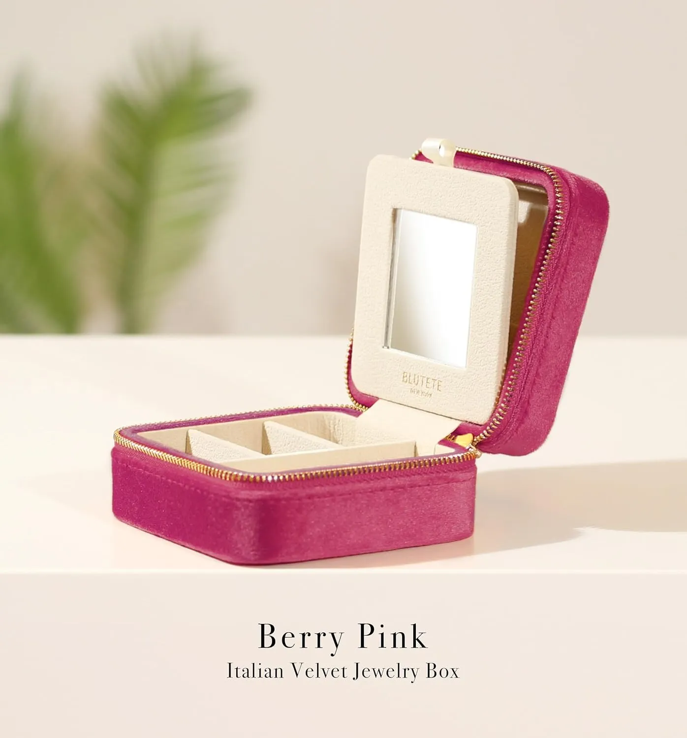 BLUTETE Travel Jewelry Box Organizer Velvet Travel Case With Mirror Ring Earrings Necklaces Storage Organizer Box (Berry Pink)