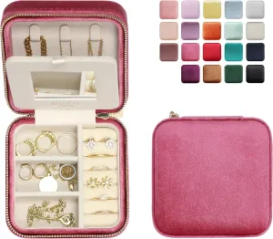 BLUTETE Travel Jewelry Box Organizer Velvet Travel Case With Mirror Ring Earrings Necklaces Storage Organizer Box (Berry Pink)