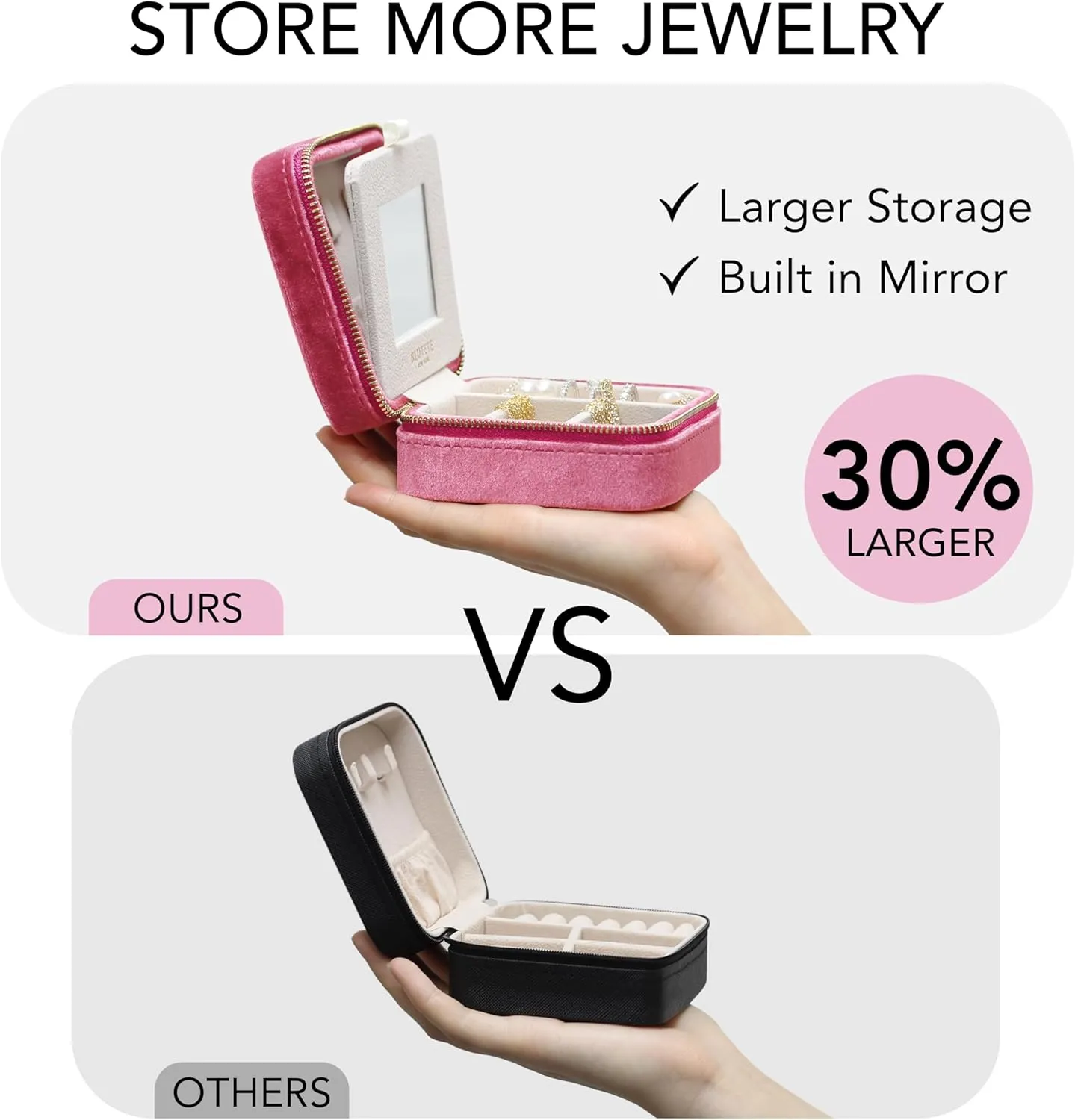 BLUTETE Travel Jewelry Box Organizer Velvet Travel Case With Mirror Ring Earrings Necklaces Storage Organizer Box (Berry Pink)