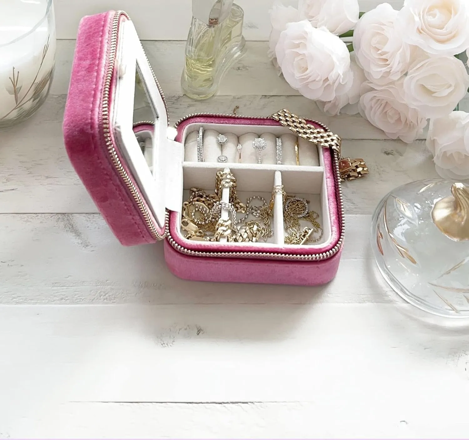 BLUTETE Travel Jewelry Box Organizer Velvet Travel Case With Mirror Ring Earrings Necklaces Storage Organizer Box (Berry Pink)