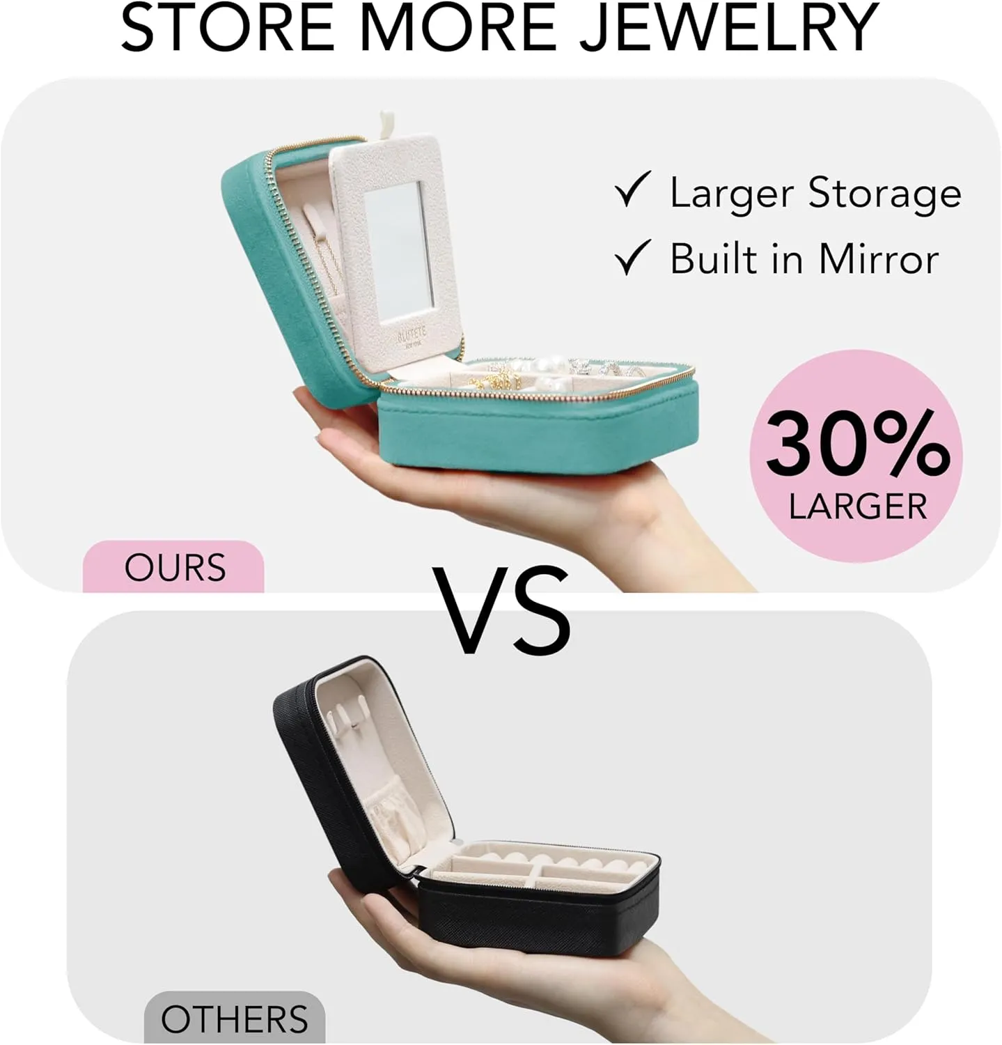 BLUTETE Travel Jewelry Box Organizer Velvet Travel Case With Mirror Ring Earrings Necklaces Storage Organizer Box (Turquoise)