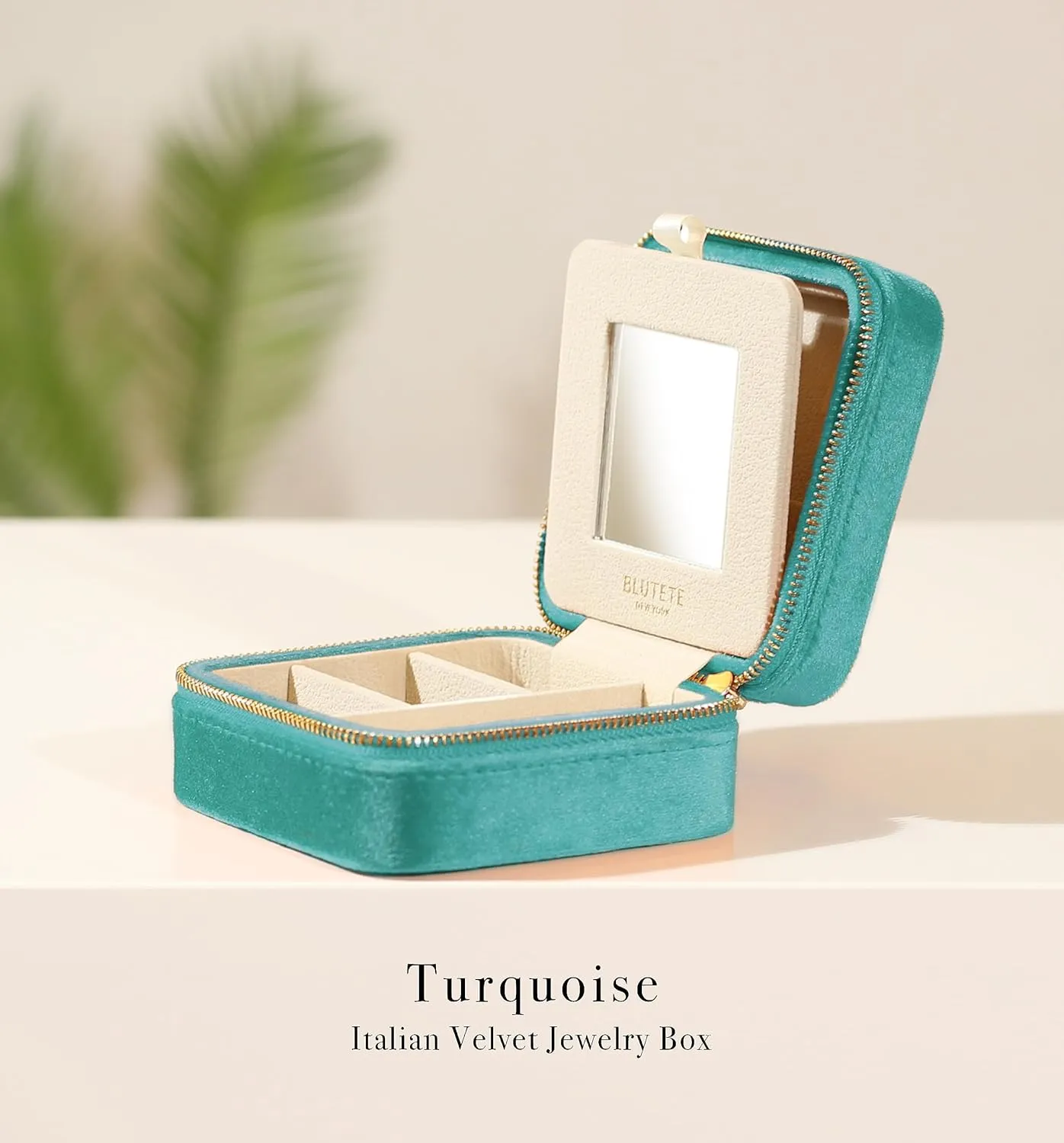 BLUTETE Travel Jewelry Box Organizer Velvet Travel Case With Mirror Ring Earrings Necklaces Storage Organizer Box (Turquoise)
