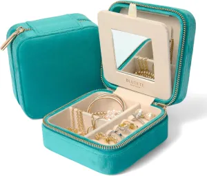 BLUTETE Travel Jewelry Box Organizer Velvet Travel Case With Mirror Ring Earrings Necklaces Storage Organizer Box (Turquoise)