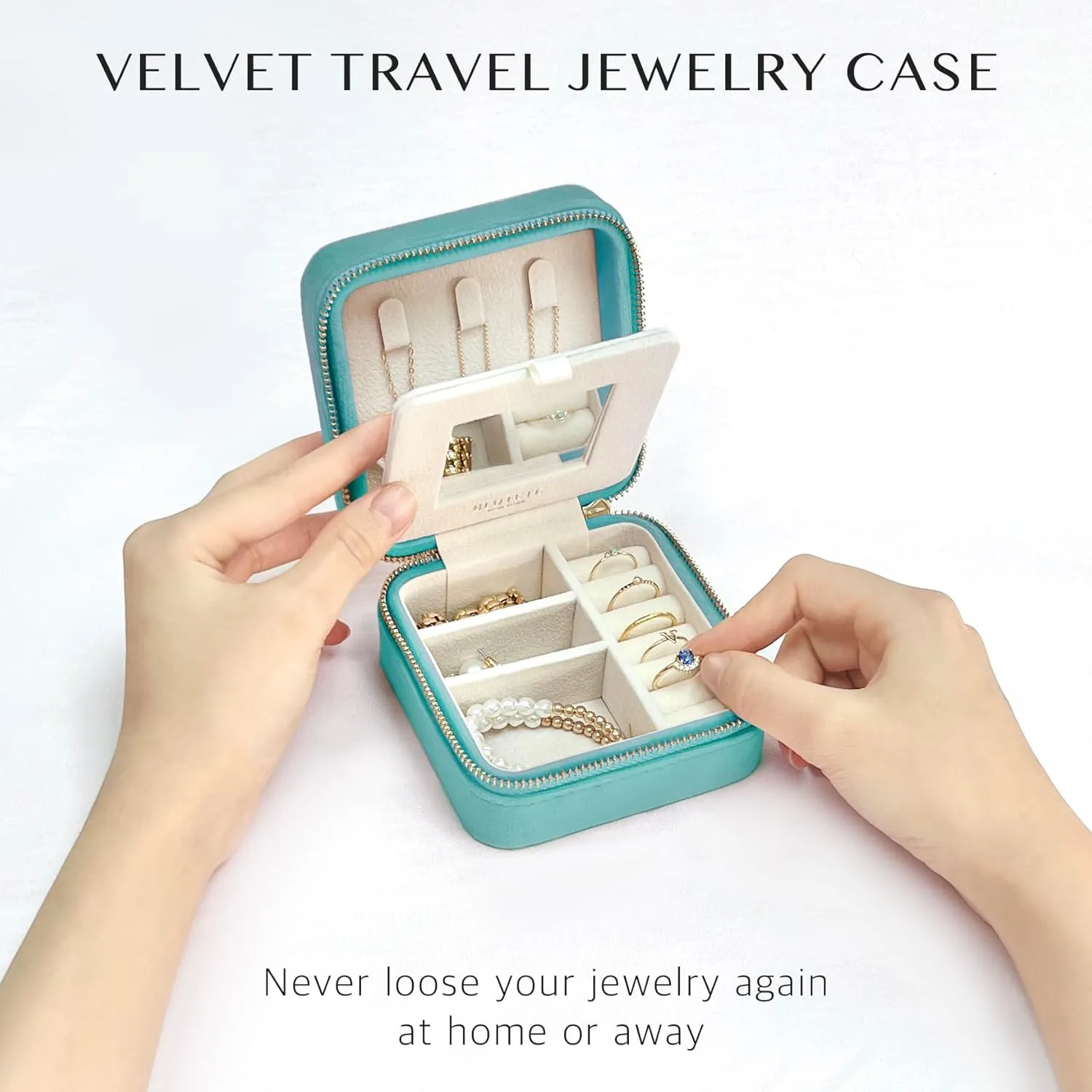 BLUTETE Travel Jewelry Box Organizer Velvet Travel Case With Mirror Ring Earrings Necklaces Storage Organizer Box (Turquoise)