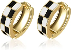 BOBOXZSZD Chic Checker Small Hoop Cartilage Earrings for womenWhite Black Enamel Hypoallergenic Hooped Gifts Gold tone
