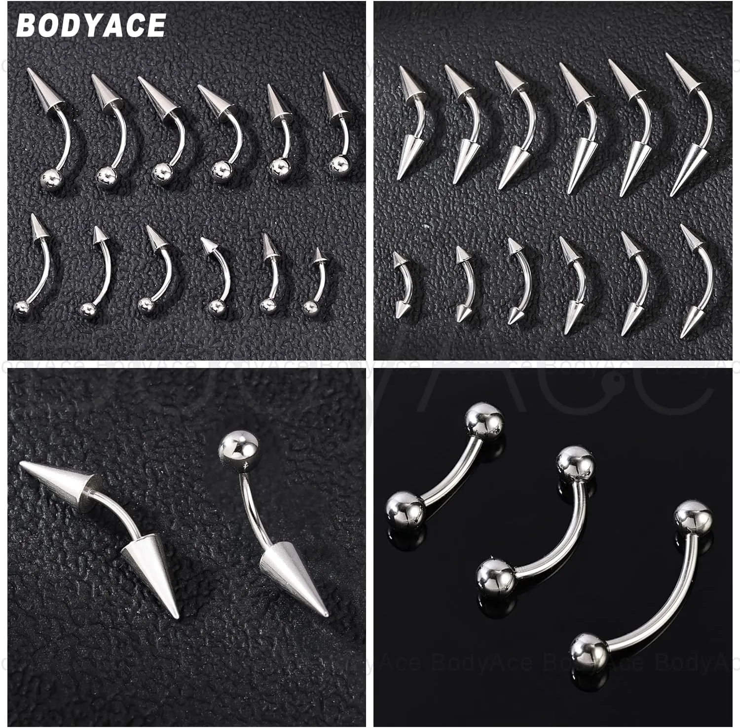 BodyAce 16G 18G Spike Earrings Rook Eyebrow Rings, Internal Threaded Curved Barbells Cartilage Helix Earring, Straight Bar Tragus Lip Piercing Jewelry