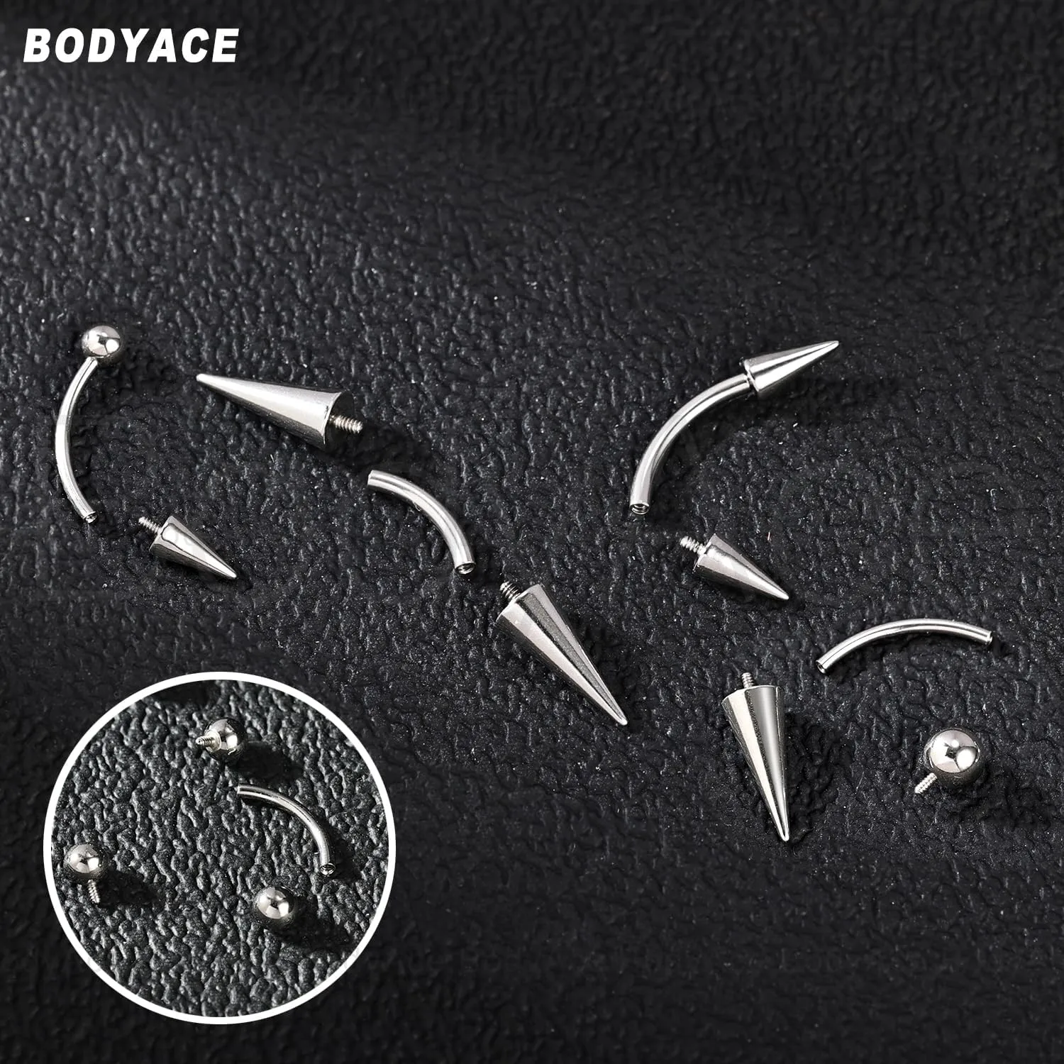 BodyAce 16G 18G Spike Earrings Rook Eyebrow Rings, Internal Threaded Curved Barbells Cartilage Helix Earring, Straight Bar Tragus Lip Piercing Jewelry