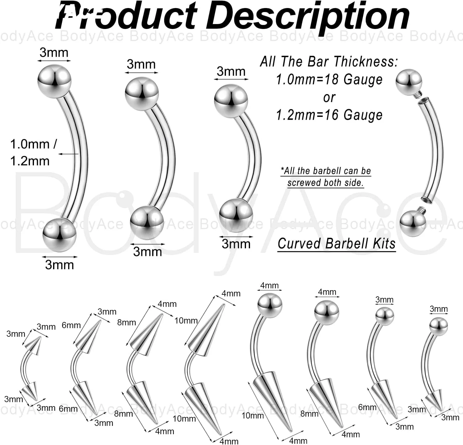 BodyAce 16G 18G Spike Earrings Rook Eyebrow Rings, Internal Threaded Curved Barbells Cartilage Helix Earring, Straight Bar Tragus Lip Piercing Jewelry