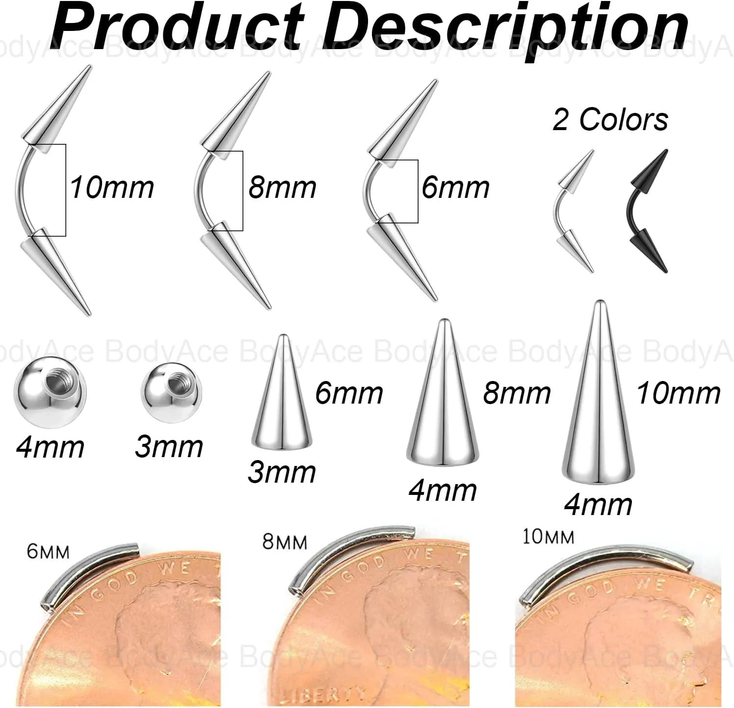 BodyAce 16G Spike Eyebrow Piercing Jewelry, Curved Barbell Eyebrow Tragus Lip Rings with Balls, Black Spike Earrings Rook Nose Bridge Ring for Women Men