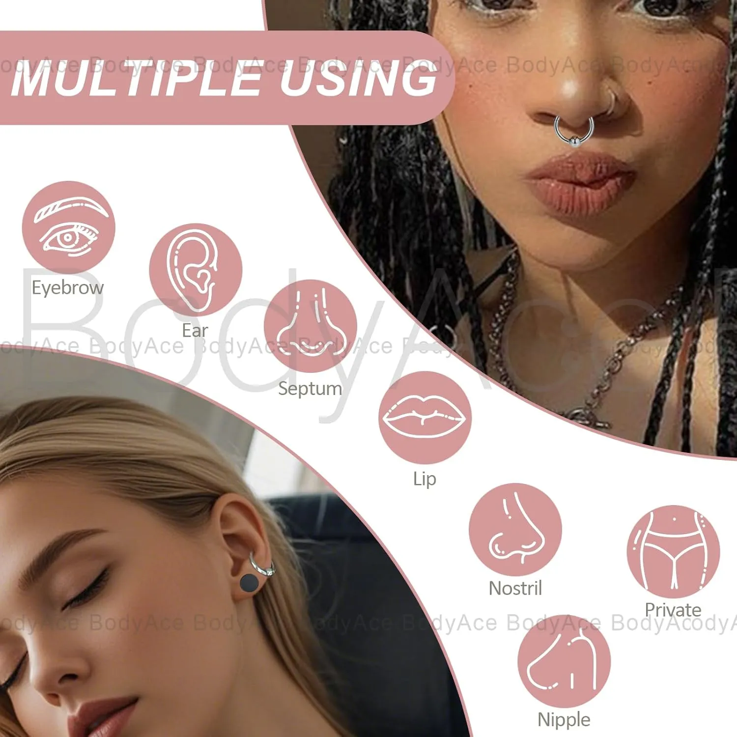 BodyAce Large Nose Rings Hinged Segment Clicker, 6G 8G 10G 12G PA Rings Big Gauges Earrings Hoops Ear Weights, Surgical Steel Septum Piercing Jewelry