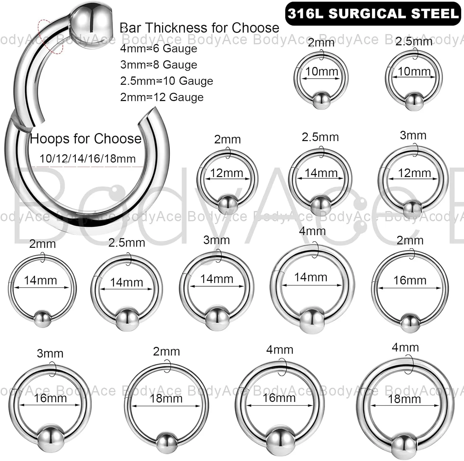 BodyAce Large Nose Rings Hinged Segment Clicker, 6G 8G 10G 12G PA Rings Big Gauges Earrings Hoops Ear Weights, Surgical Steel Septum Piercing Jewelry