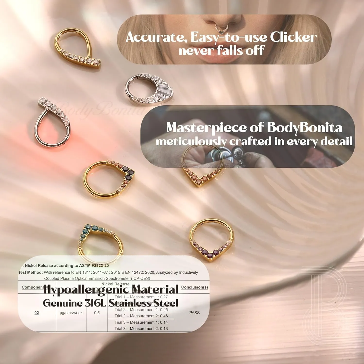 BodyBonita 16G Teardrop Septum Rings - 316L Surgical Steel Hinged Nose Rings Septum Piercings Jewelry CZ Nose Hoop Daith Tragus Helix Rook Cartilage Piercing Jewelry for Women Men Gold 8mm 10mm
