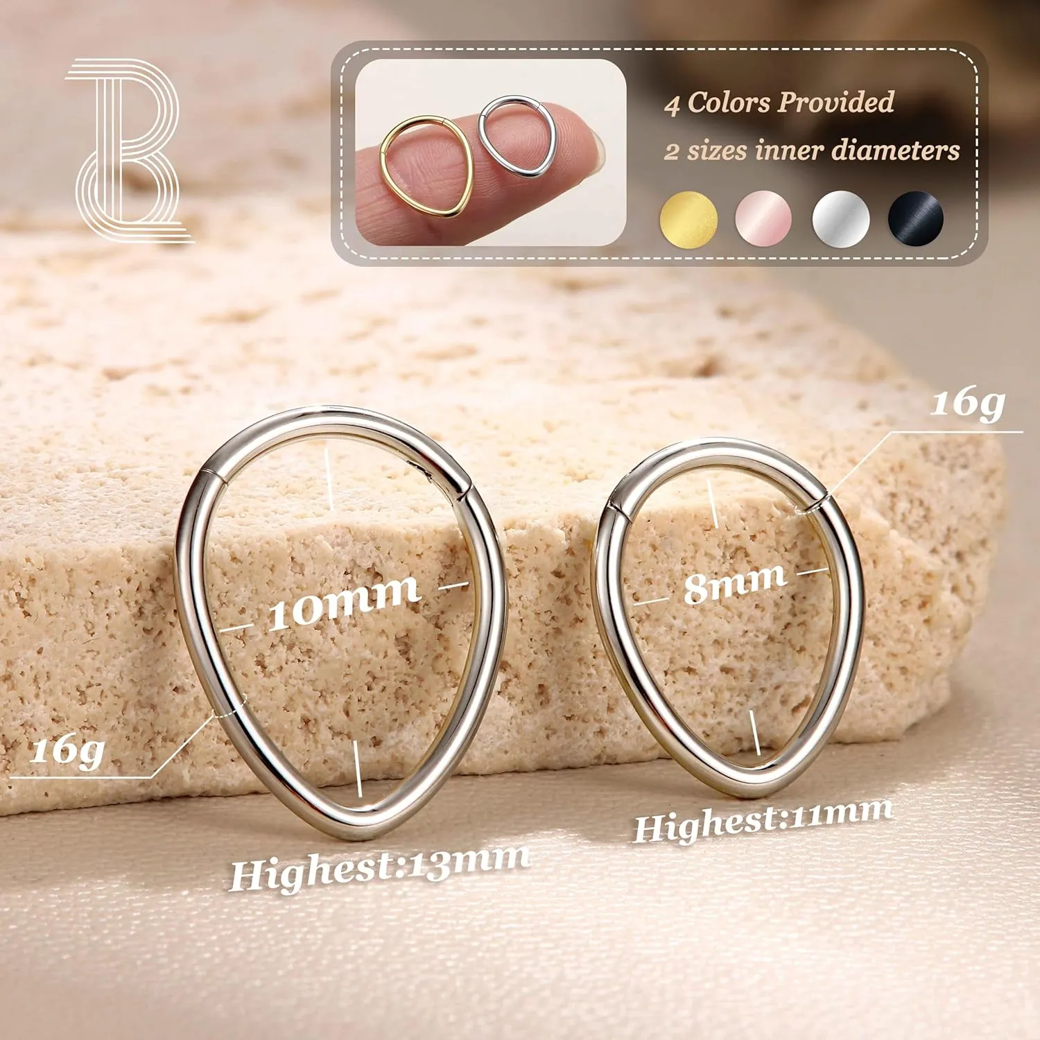 BodyBonita 16G Teardrop Septum Rings - G23 Titanium Nose Rings Hoops Seamless Hinged Cartilage Conch Daith Helix Rook Earrings Piercings Septum Jewelry for Women Men Gold/Silver/Black/Rose Gold