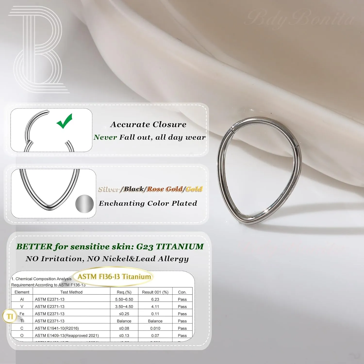 BodyBonita 16G Teardrop Septum Rings - G23 Titanium Nose Rings Hoops Seamless Hinged Cartilage Conch Daith Helix Rook Earrings Piercings Septum Jewelry for Women Men Gold/Silver/Black/Rose Gold