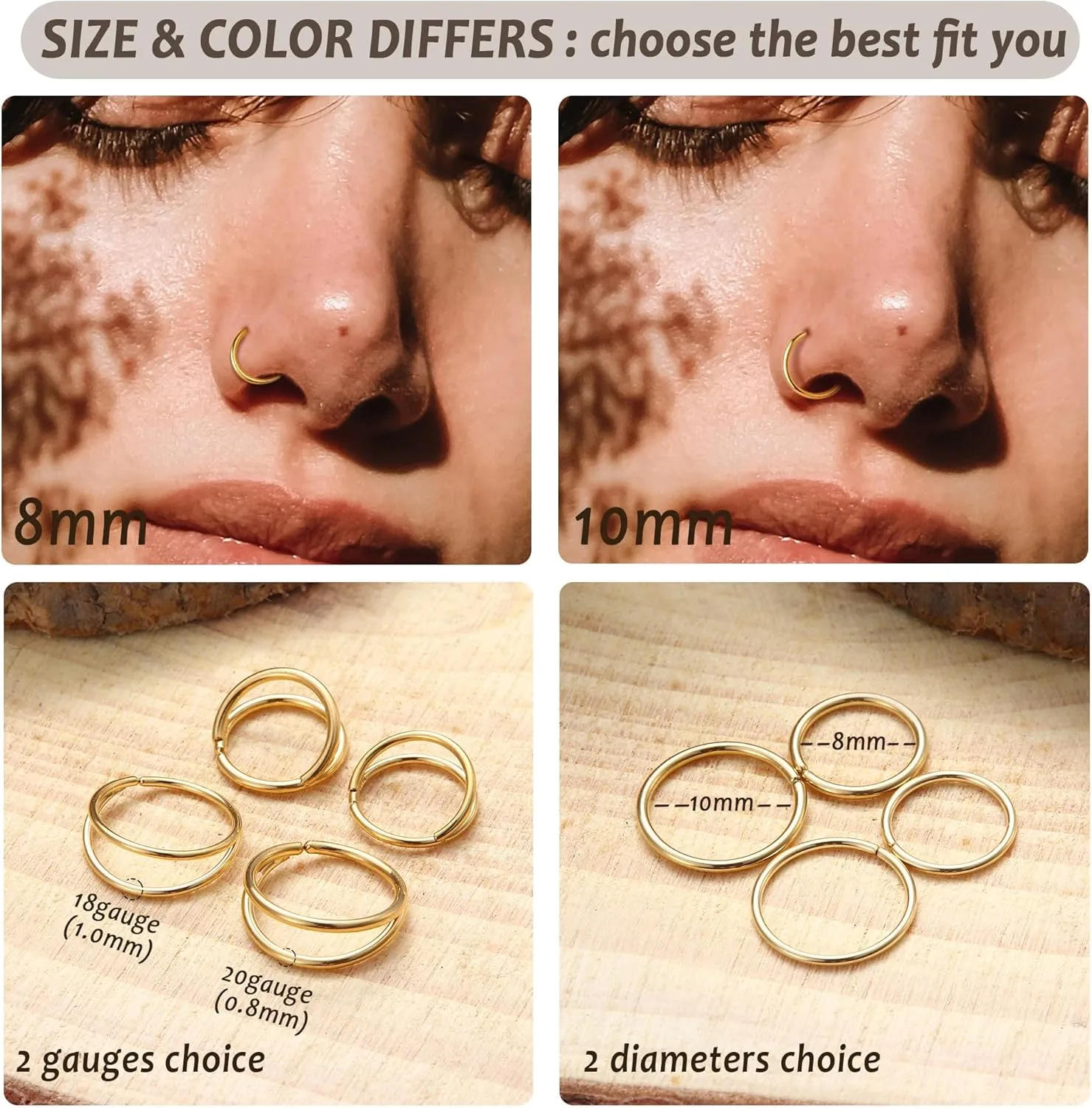 BodyBonita 9Pcs Nose Rings Hoops - 316L Stainless Steel 20G 18G Nose Stud Twist Style Bendable Cartilage Earrings for Women Conch Piercing Jewelry Helix Rook Tragus Daith Snug 8mm 10mm