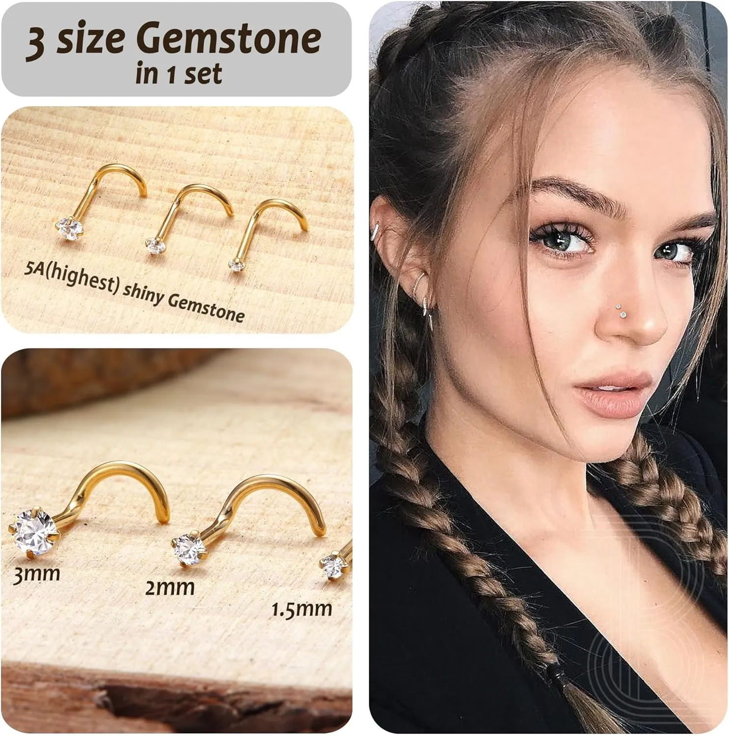 BodyBonita 9Pcs Nose Rings Hoops - 316L Stainless Steel 20G 18G Nose Stud Twist Style Bendable Cartilage Earrings for Women Conch Piercing Jewelry Helix Rook Tragus Daith Snug 8mm 10mm