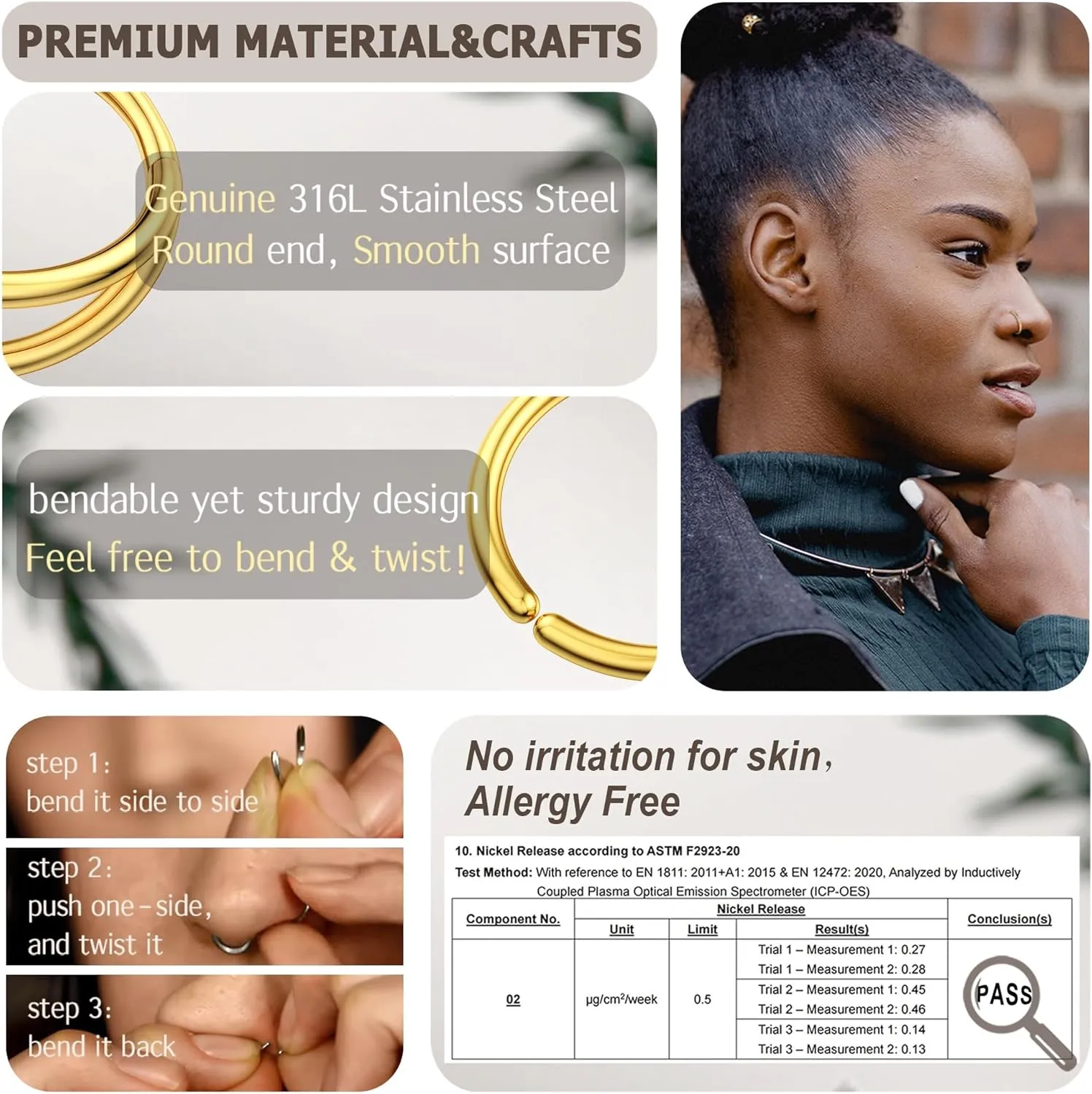 BodyBonita 9Pcs Nose Rings Hoops - 316L Stainless Steel 20G 18G Nose Stud Twist Style Bendable Cartilage Earrings for Women Conch Piercing Jewelry Helix Rook Tragus Daith Snug 8mm 10mm