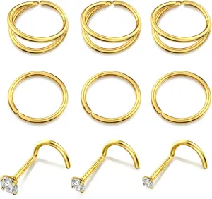 BodyBonita 9Pcs Nose Rings Hoops - 316L Stainless Steel 20G 18G Nose Stud Twist Style Bendable Cartilage Earrings for Women Conch Piercing Jewelry Helix Rook Tragus Daith Snug 8mm 10mm