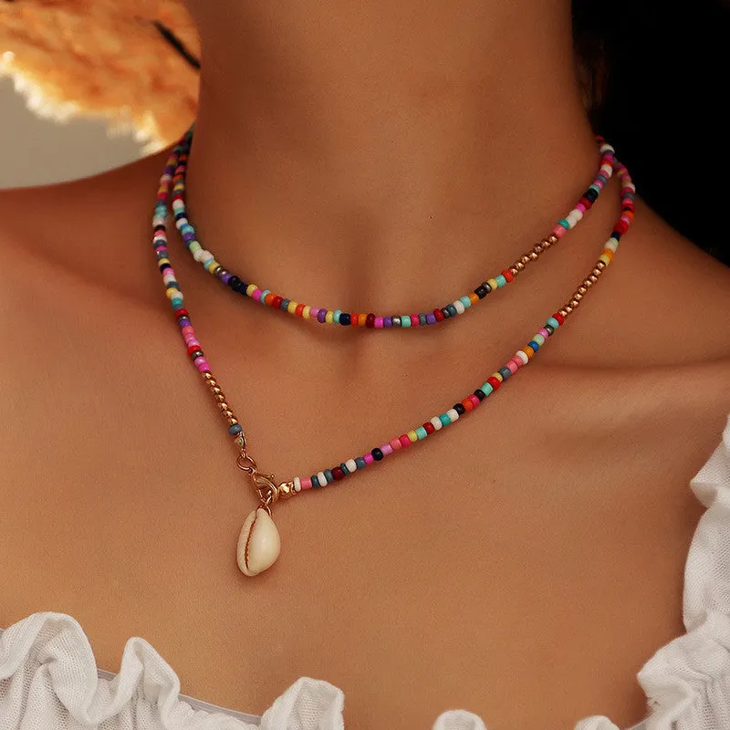 Bohemian Colorful Seed Bead Shell Choker Necklace Statement Short Collar Clavicle Chain Boho Jewelry