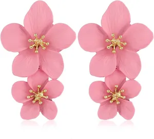 Bohemian Flower Earrings for Women Elegant Matte Double Flower Floral Layered Tiered Dangle Drop Floral Stud Earrings Boho Statement Wedding Holiday Chic Prom Jewelry Gifts