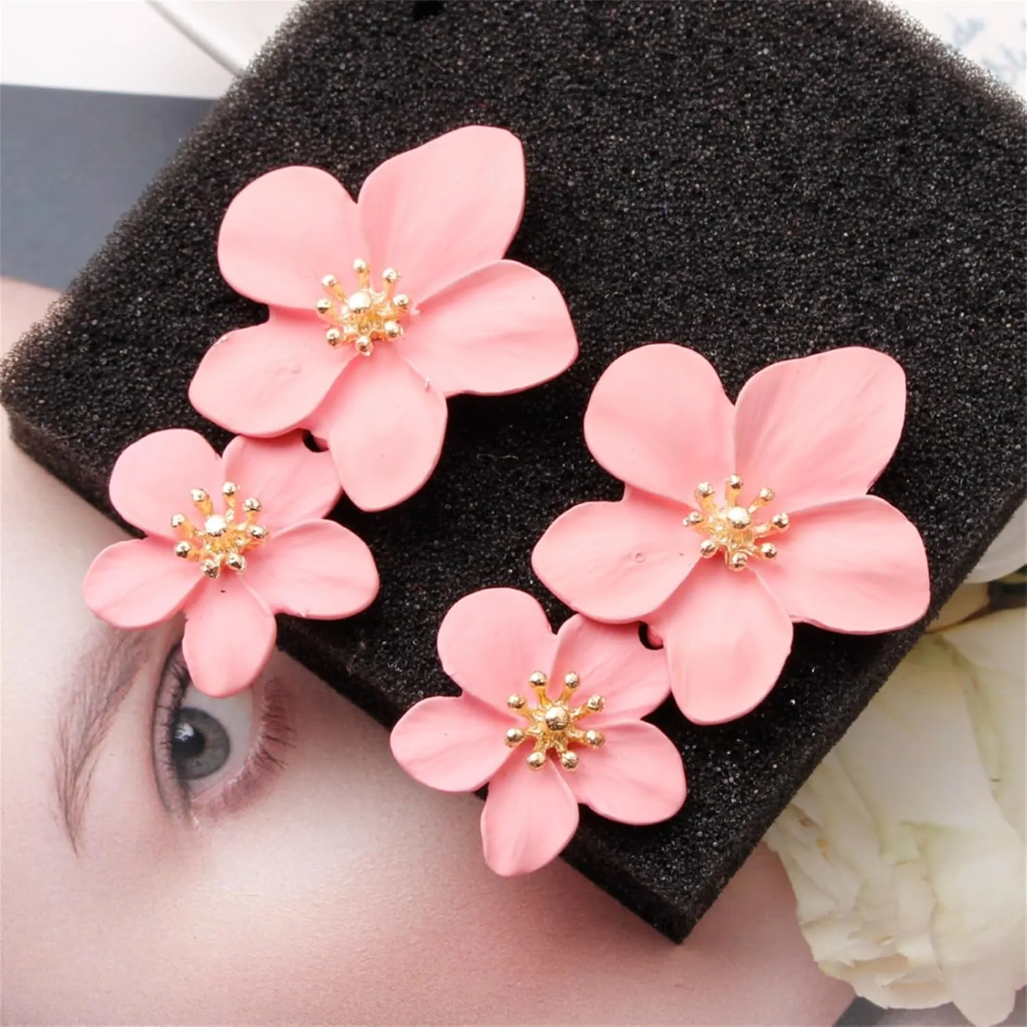 Bohemian Flower Earrings for Women Elegant Matte Double Flower Floral Layered Tiered Dangle Drop Floral Stud Earrings Boho Statement Wedding Holiday Chic Prom Jewelry Gifts