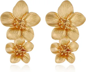 Bohemian Flower Earrings for Women Elegant Matte Double Flower Floral Layered Tiered Dangle Drop Floral Stud Earrings Boho Statement Wedding Holiday Chic Prom Jewelry Gifts