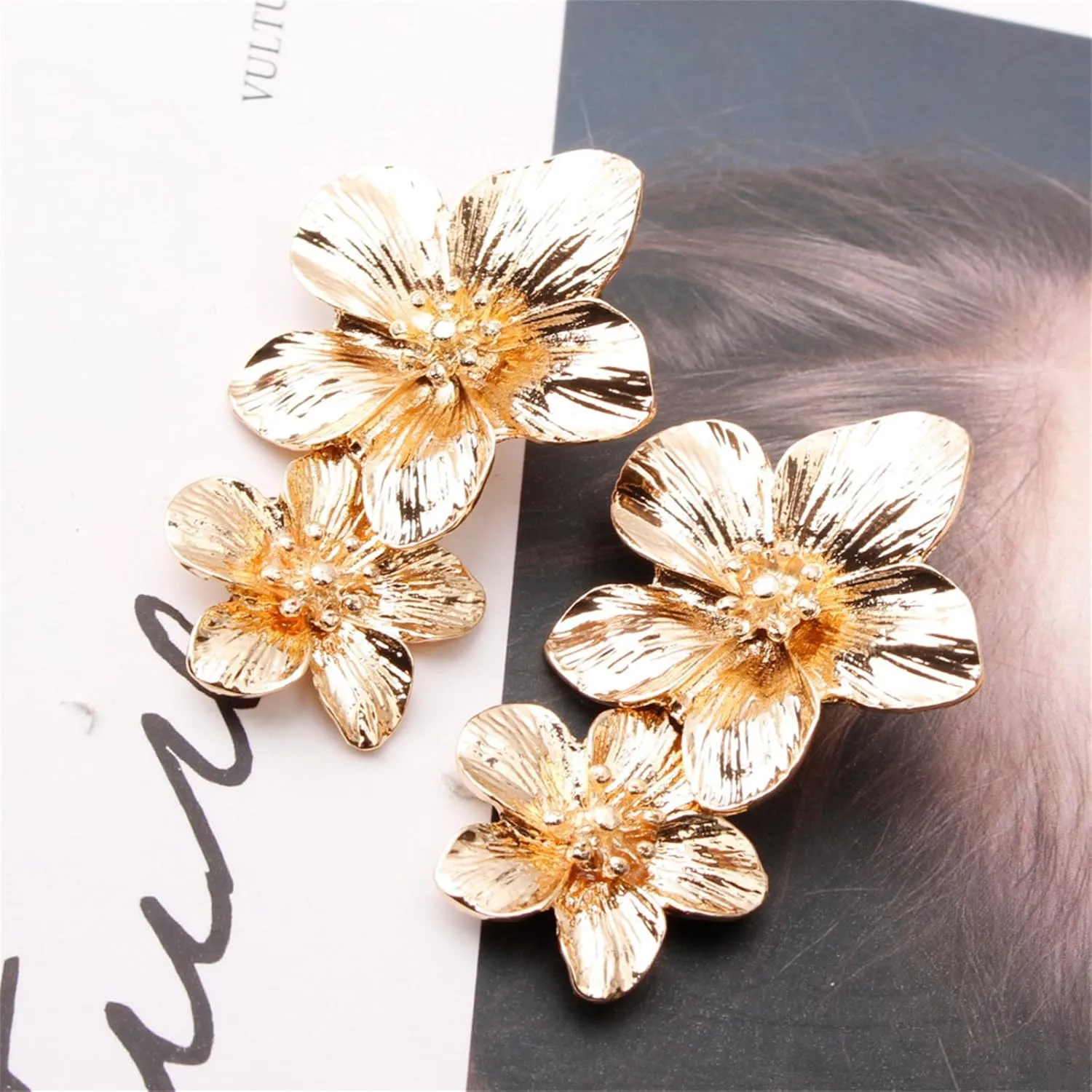 Bohemian Flower Earrings for Women Elegant Matte Double Flower Floral Layered Tiered Dangle Drop Floral Stud Earrings Boho Statement Wedding Holiday Chic Prom Jewelry Gifts