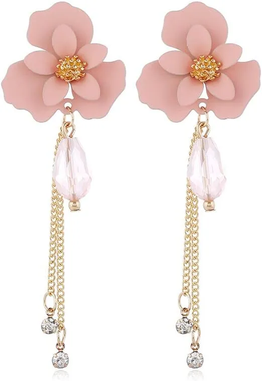 Bohemian Flower Stud Earrings Chic Long Tassels Flower Dangle Drop Earrings Unique Vintage Gold Flower Bud Earrings for Women Girls Summer Beach Holiday Statement Earrings Jewelry