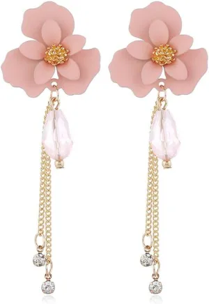 Bohemian Flower Stud Earrings Chic Long Tassels Flower Dangle Drop Earrings Unique Vintage Gold Flower Bud Earrings for Women Girls Summer Beach Holiday Statement Earrings Jewelry