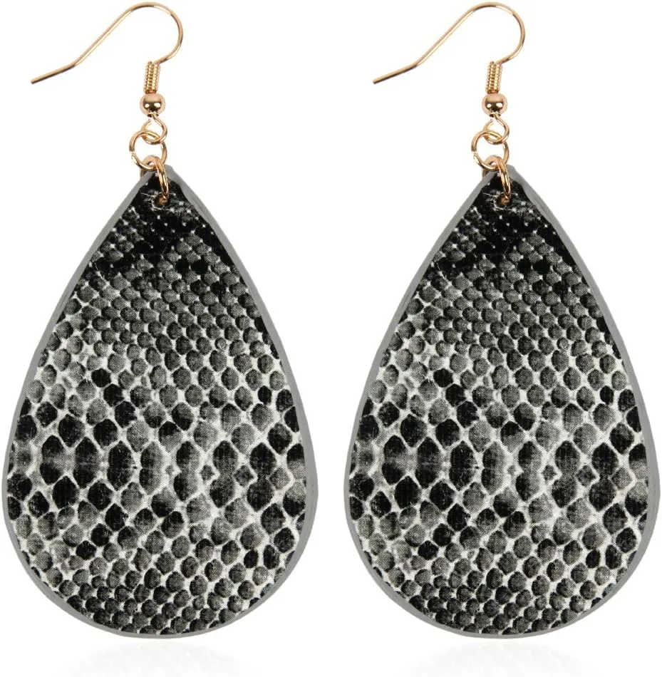 Bohemian Lightweight Faux Exotic Leather Geometric Drop Earrings - Hook Dangles Snake Skin Print Marquise Leaf, Python, Croc Embossed Leatherette Teardrop
