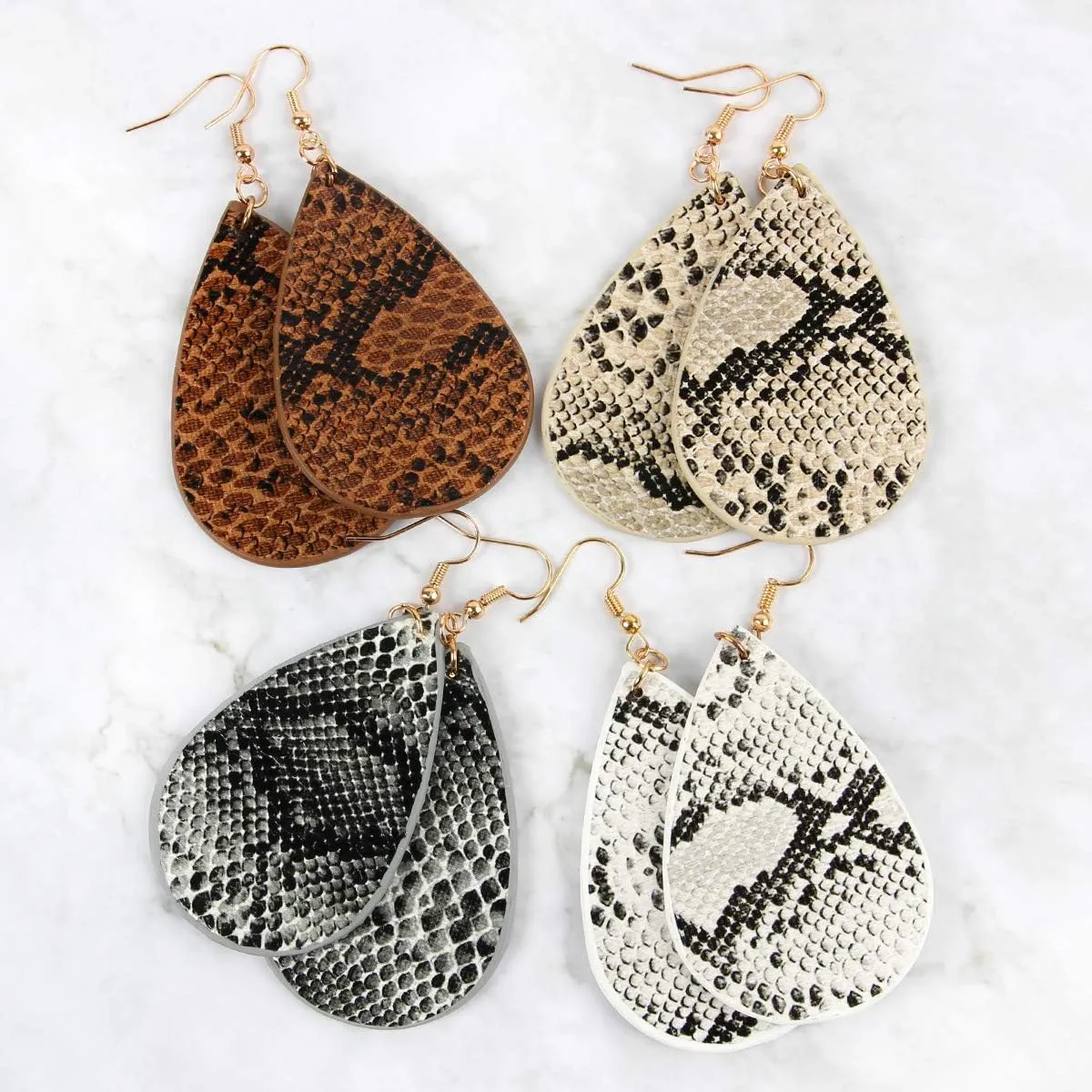 Bohemian Lightweight Faux Exotic Leather Geometric Drop Earrings - Hook Dangles Snake Skin Print Marquise Leaf, Python, Croc Embossed Leatherette Teardrop