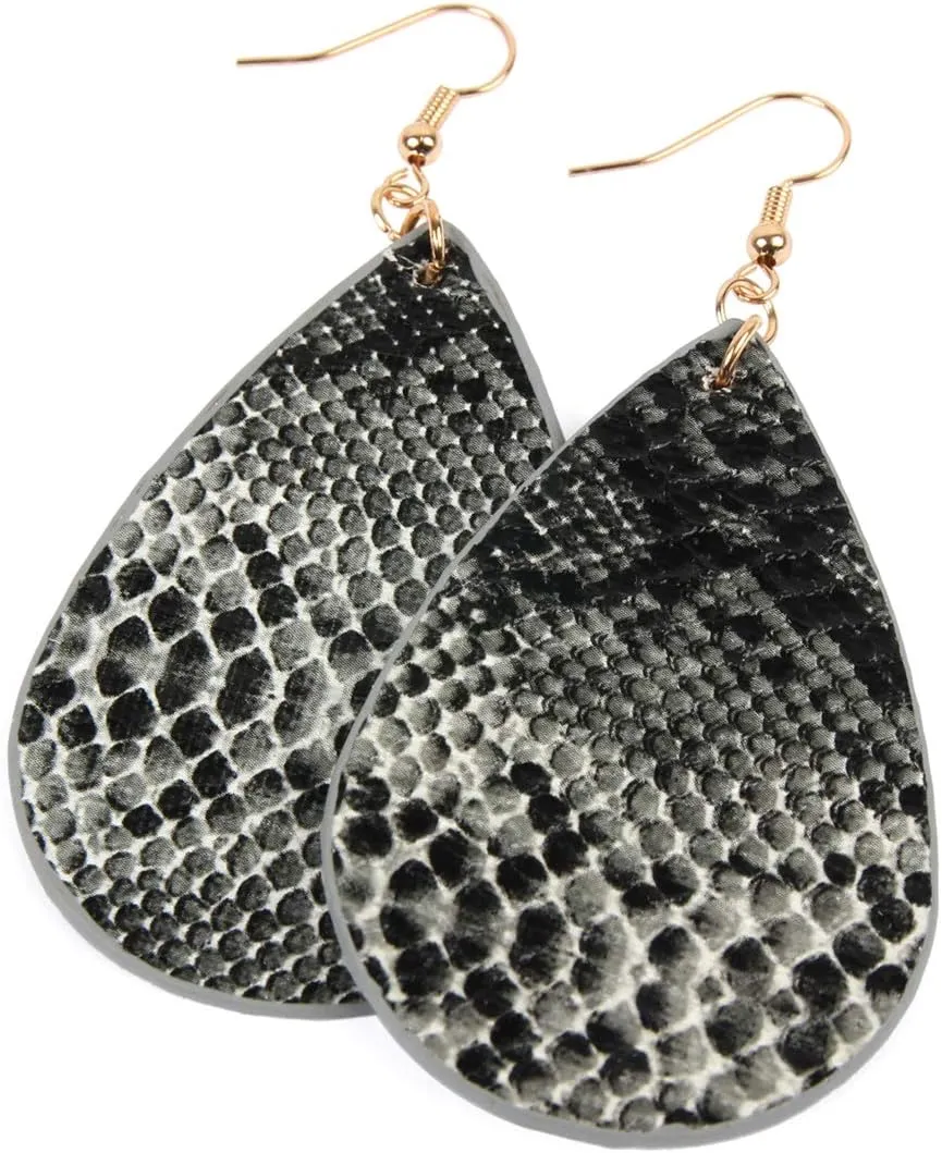 Bohemian Lightweight Faux Exotic Leather Geometric Drop Earrings - Hook Dangles Snake Skin Print Marquise Leaf, Python, Croc Embossed Leatherette Teardrop