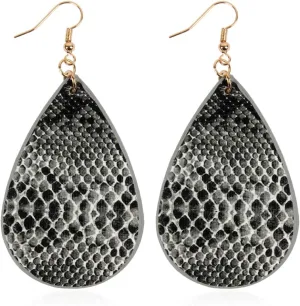 Bohemian Lightweight Faux Exotic Leather Geometric Drop Earrings - Hook Dangles Snake Skin Print Marquise Leaf, Python, Croc Embossed Leatherette Teardrop