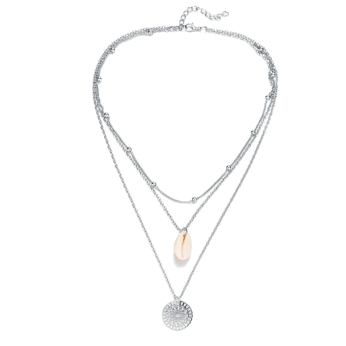 Bohemian Shell Layer Necklace - 18K Gold Plated, 18"   2" Extender, Lobster Clasp, Link Chain, Hypoallergenic, Made in Italy