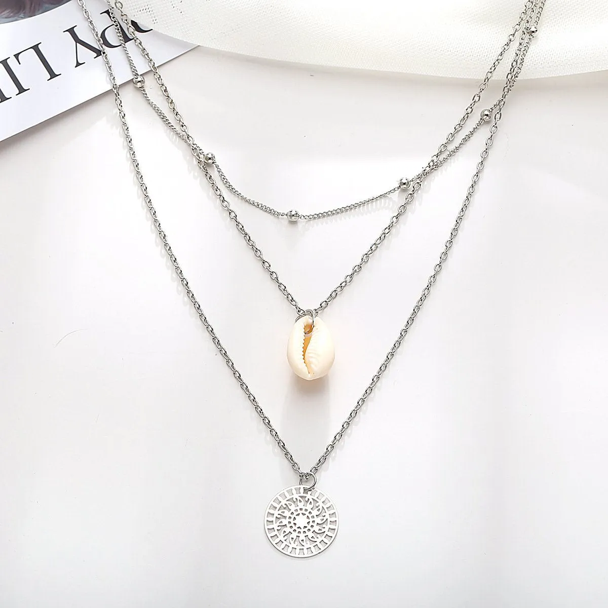 Bohemian Shell Layer Necklace - 18K Gold Plated, 18"   2" Extender, Lobster Clasp, Link Chain, Hypoallergenic, Made in Italy