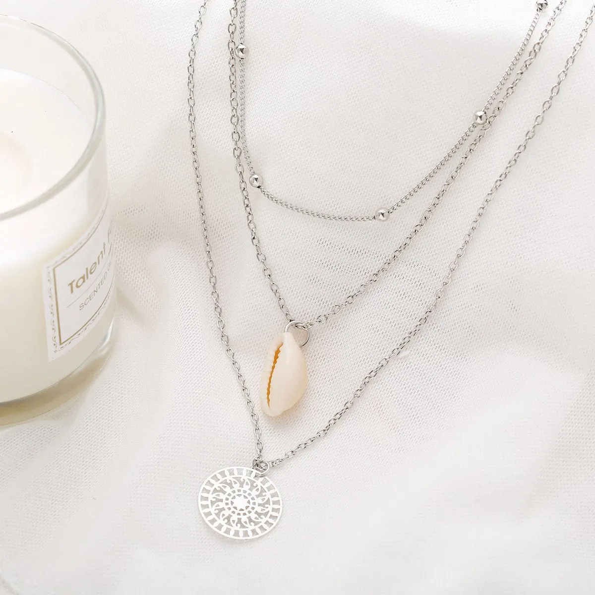 Bohemian Shell Layer Necklace - 18K Gold Plated, 18"   2" Extender, Lobster Clasp, Link Chain, Hypoallergenic, Made in Italy