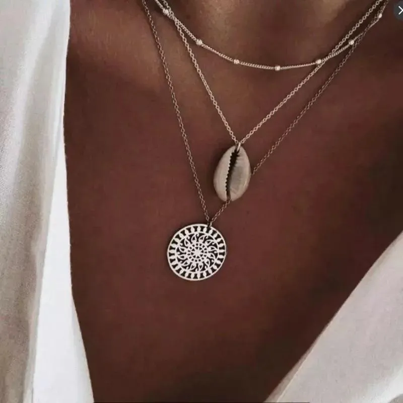 Bohemian Shell Layer Necklace - 18K Gold Plated, 18"   2" Extender, Lobster Clasp, Link Chain, Hypoallergenic, Made in Italy