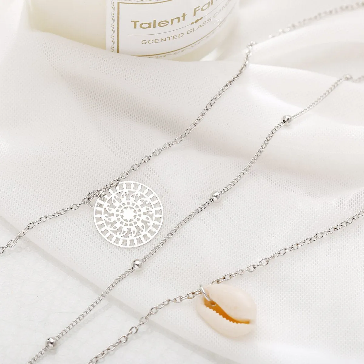 Bohemian Shell Layer Necklace - 18K Gold Plated, 18"   2" Extender, Lobster Clasp, Link Chain, Hypoallergenic, Made in Italy