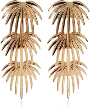Boho Gold Palm Leaf Tassel Dangle Drop Earrings for Women Chic Three Tropical Leaves Long Tassel Earrings Summer Vacation Ocean Beach Jwelry Gift