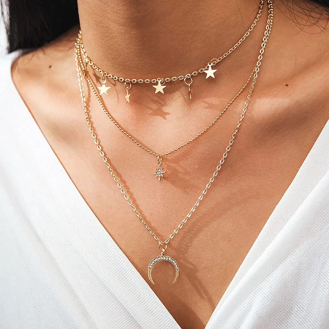 Boho Layered Long Necklaces Gold Star Moon Pendant Necklace Adjustable Necklaces Beach Chain Jewelry for Women and Girls