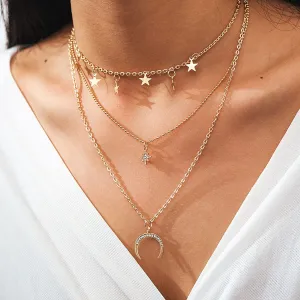 Boho Layered Long Necklaces Gold Star Moon Pendant Necklace Adjustable Necklaces Beach Chain Jewelry for Women and Girls