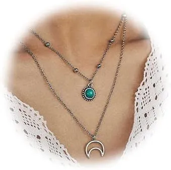 Boho Layered Necklaces Silver Turquoise Moon Pendant Necklace Beaded Beach Chain Jewelry for Women