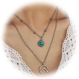 Boho Layered Necklaces Silver Turquoise Moon Pendant Necklace Beaded Beach Chain Jewelry for Women