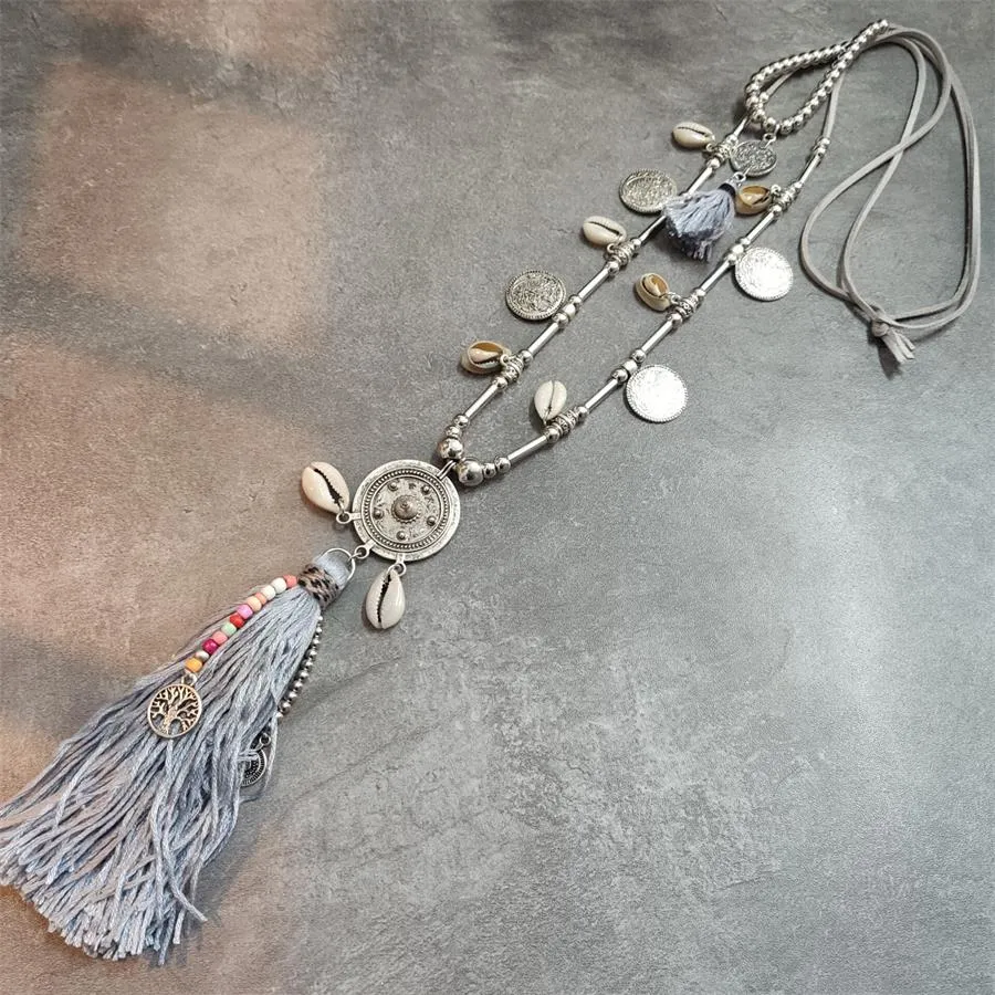 Boho Leather Necklace With Long Tassel
