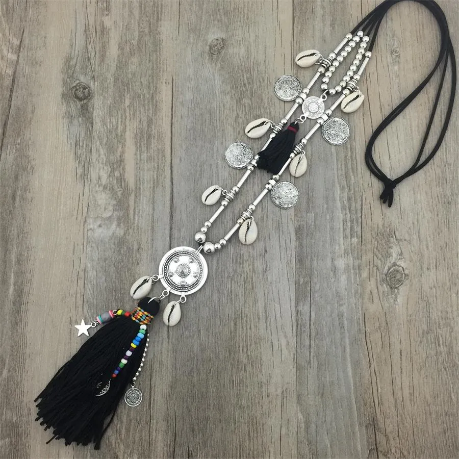 Boho Leather Necklace With Long Tassel