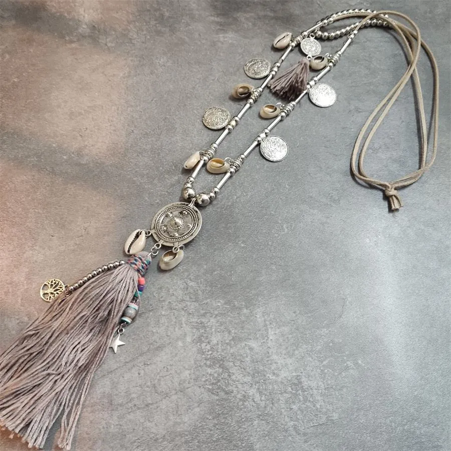 Boho Leather Necklace With Long Tassel