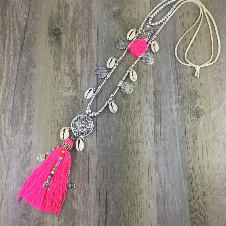 Boho Leather Necklace With Long Tassel