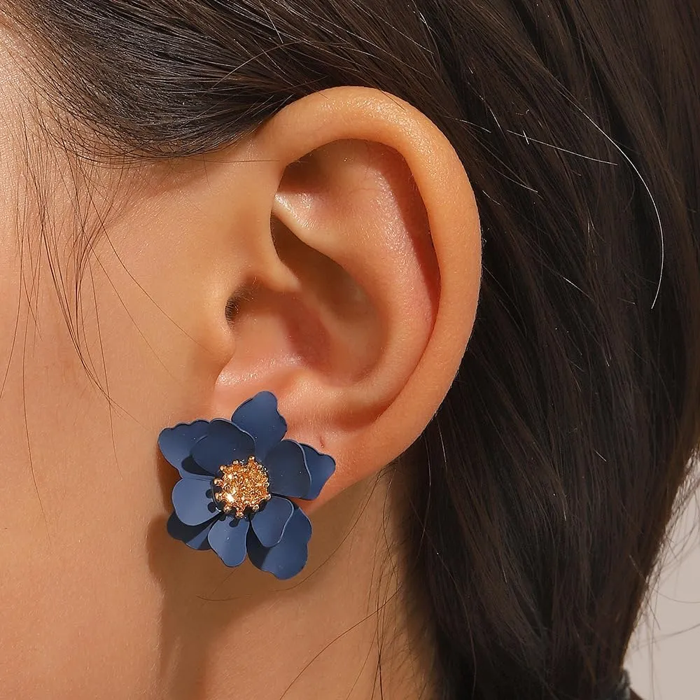 Boho Matte Flower Statement Stud Earrings for Women Chic Cute Unique Flower Jewelry Gift with Gold Flower Bud for Mom Lover and Friends
