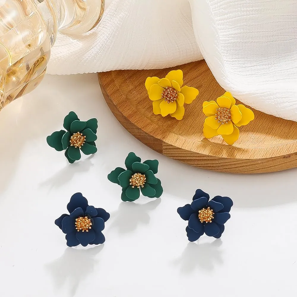 Boho Matte Flower Statement Stud Earrings for Women Chic Cute Unique Flower Jewelry Gift with Gold Flower Bud for Mom Lover and Friends