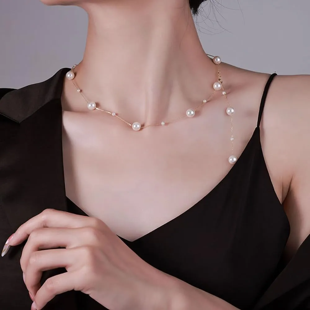 Boho Pearl Y Shape Necklaces for Women, Dainty 14k Gold Plated Pearl Beaded Chain Choker Necklace Trendy Jewelry Accessories Gift